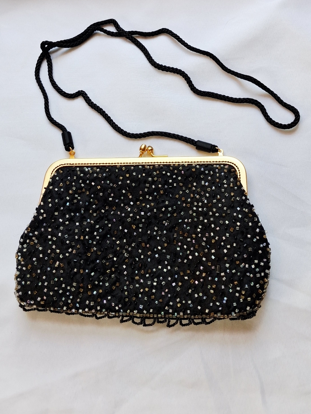 Black Beaded Evening Crossbody Bag with Gold Frame